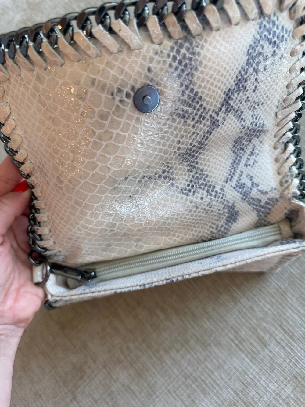 Leather White Snake-Print Crossbody with Gunmetal Chain